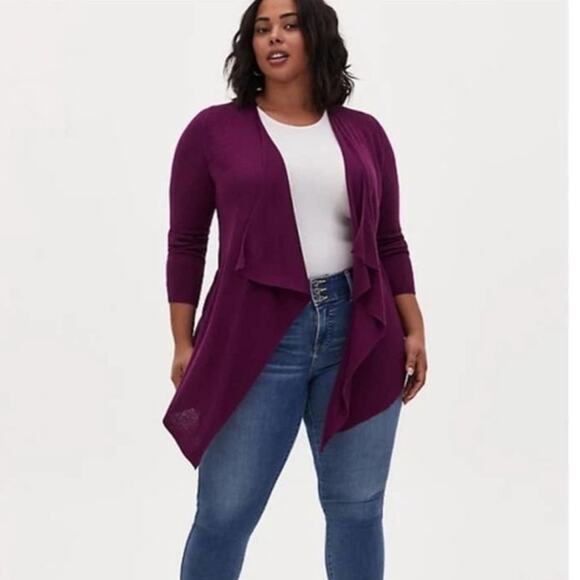 Torrid Plum Asymmetrical Hem Open Draped Cardigan - Picture 1 of 12
